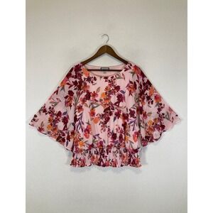 Floral Boho Sam and Jess Women XL Pink Smocked Hem Flutter Sleeve Blouse Top